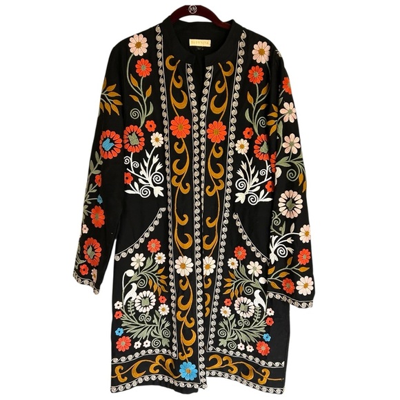 Ruby Yaya Floral Embroidered Long Line Black Jacket Boho Cottagecore - Picture 4 of 12